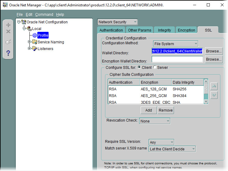 Oracle Net Manager tool with Oracle Net Configuration section deployed and Profile selected in the Local subsection in left panel, and with the SSL tab of the Network Security section displayed in the right panel
